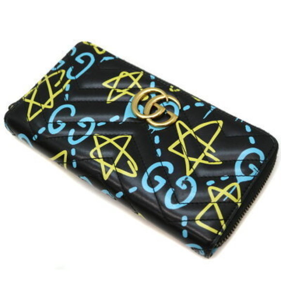 GUCCI GG Marmont Ghost Zip Wallet Leather Black Yellow - Picture 1 of 6
